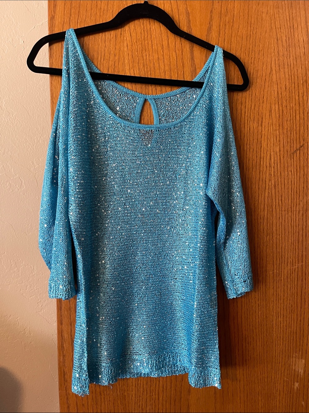 Boston Proper Turquoise Sparkle Knit Cold-Shoulder Top xs